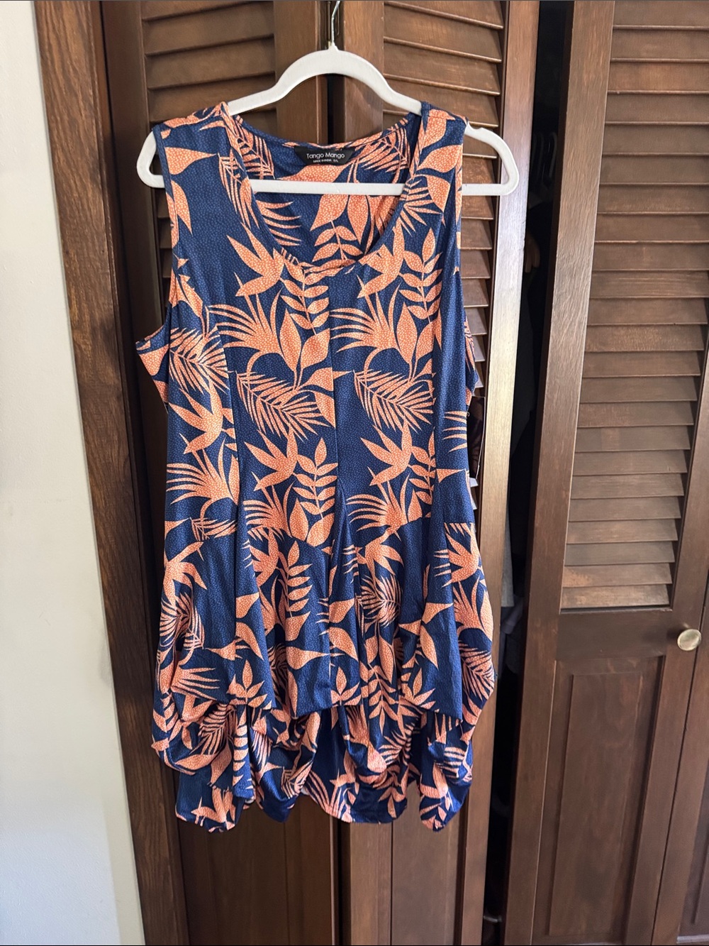 Tango Mango Navy & Coral High-Low Leaf Print Dress